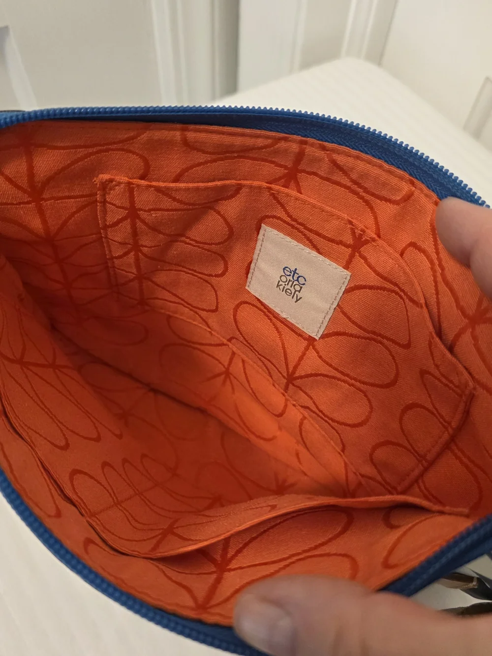 Orla Kiely Navy Crossbody/Clutch W/ Cream Stem Pattern & Orange Dot Lightweight